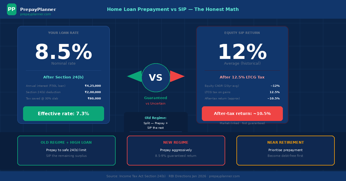 Home Loan Prepayment vs SIP India 2026 — Effective rate after Section 24(b) tax is 7.3% not 8.5% — infographic by PrepayPlanner